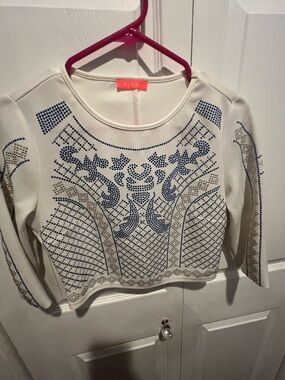 Banjul Cream Long-Sleeve Top with Blue and Gold Studs